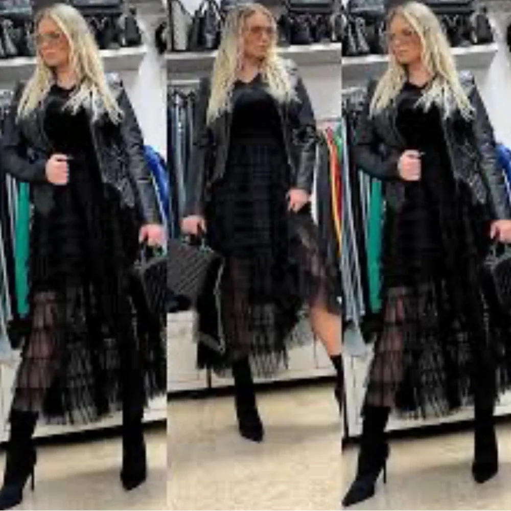 Zip up Long Bomber Jacket Tiered Mesh Black Tulle Layered Dress - Picture 9 of 10